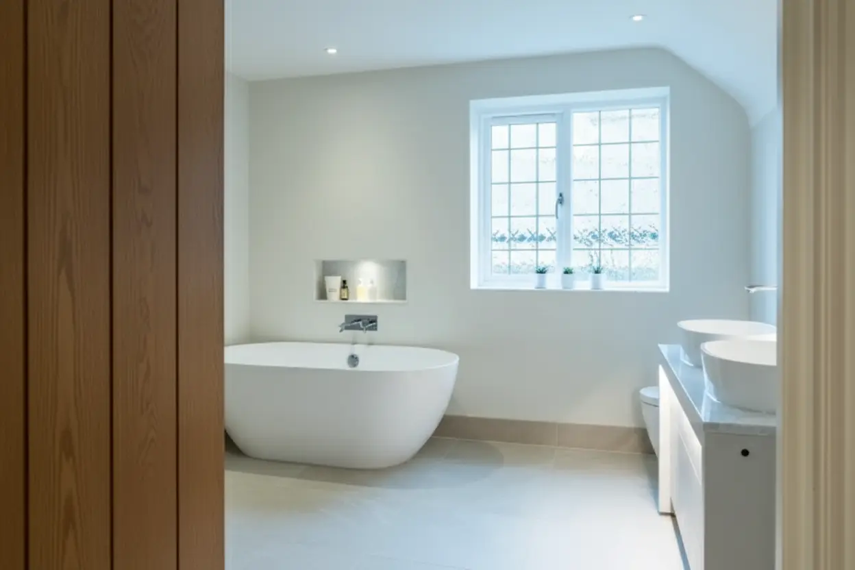 Luxury bathroom renovation with freestanding bath and vaulted ceiling by Jennings Renovations in Basildon, Essex