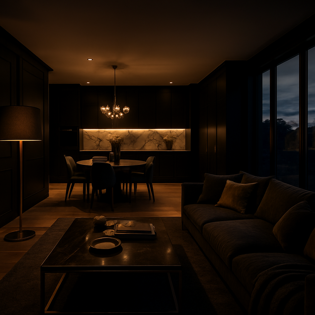A luxury renovated open-plan living space at dusk with marble surfaces and brass accents